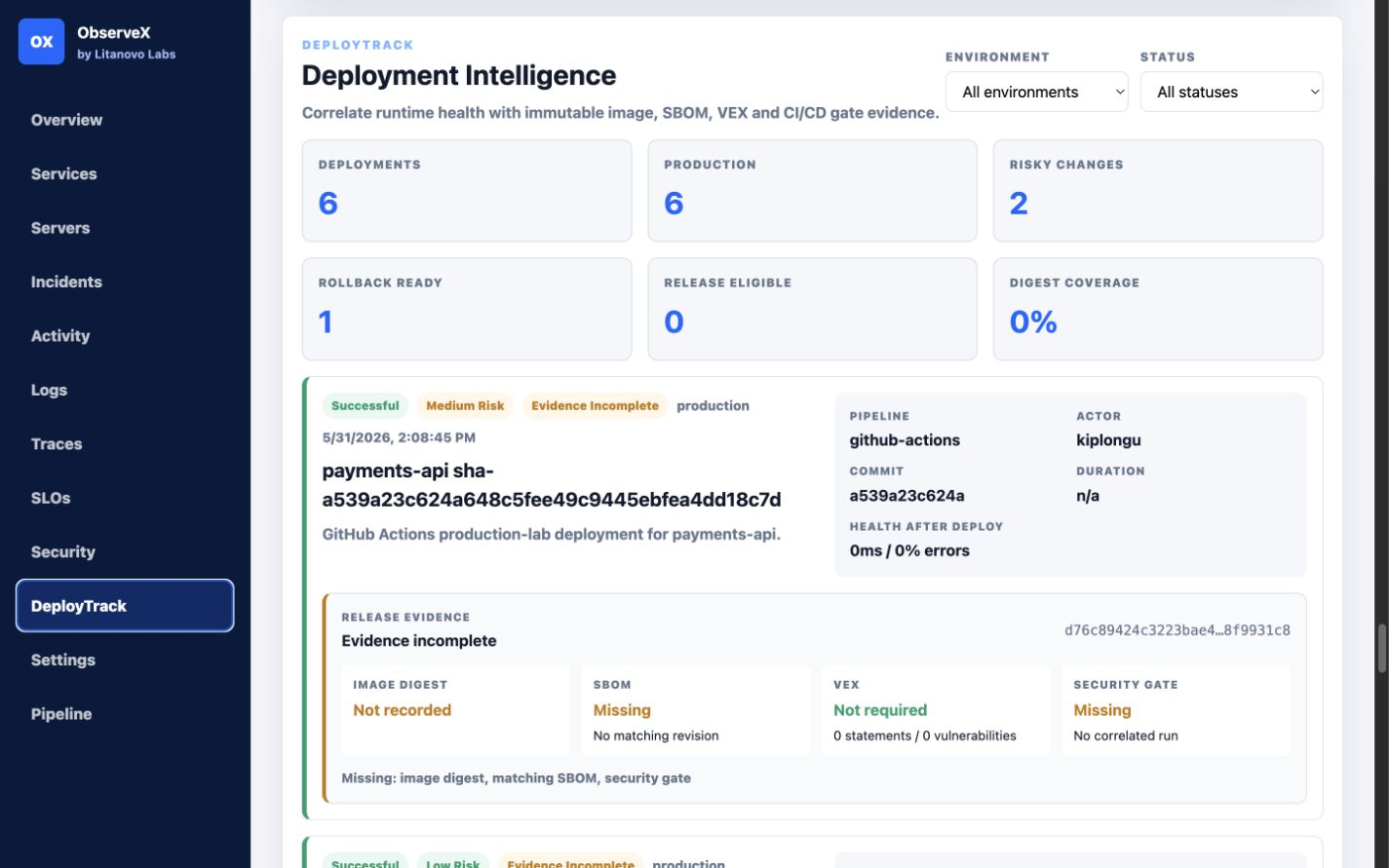 ObserveX DeployTrack deployment intelligence and release evidence